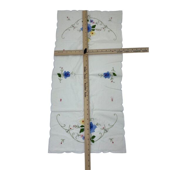 Vintage White Table Runner with Embroidery Blue Rose Floral Detail - Picture 3 of 3
